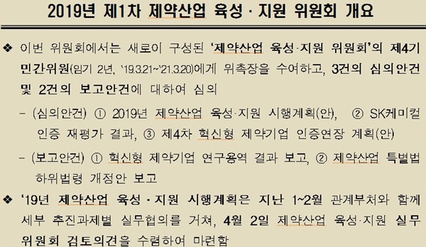 2019년 제1차 제약산업 육성·지원 위원회 개요.(자료 복지부).