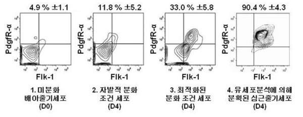 미분화 배아줄기세포(D0), (2)사이토카인 자극 없이 자발적으로 분화 유도된 세포(D4), (3)최적화된 분화 조건 세포(D4), (4)최적화된 분화 조건에서 Flk1/PdgfRα 양성 표지자로 분획된 세포(D4)를 각 단계별로 유세포 분석한 결과, 심근줄기세포의 비율이 유의하게 증가한다. 이렇게 심근세포로 분화하는 과정에서 농축 증가하는 유전자 군을 분석해 라트로필린2 유전자를 발견하게 된다.