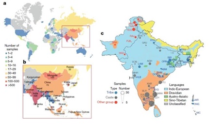 게놈아시아 100K 프로젝트의 국가별 샘플 수 및 분포도. (a와 b: 국가별 샘플 수/c: 남아시아 지역, 언어, 사회계급별 샘플 분포도)