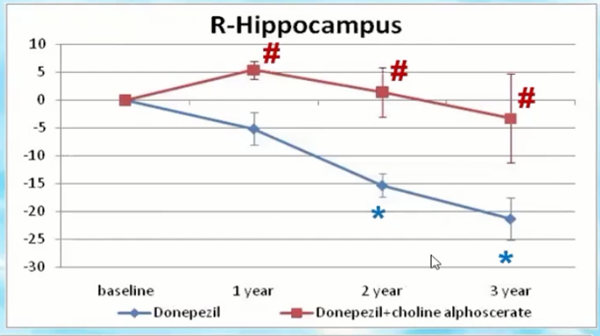 도네페질 단독투여군과 도네페질-콜린 알포세레이트 병용투여군의 뇌 해마 축소 비교.